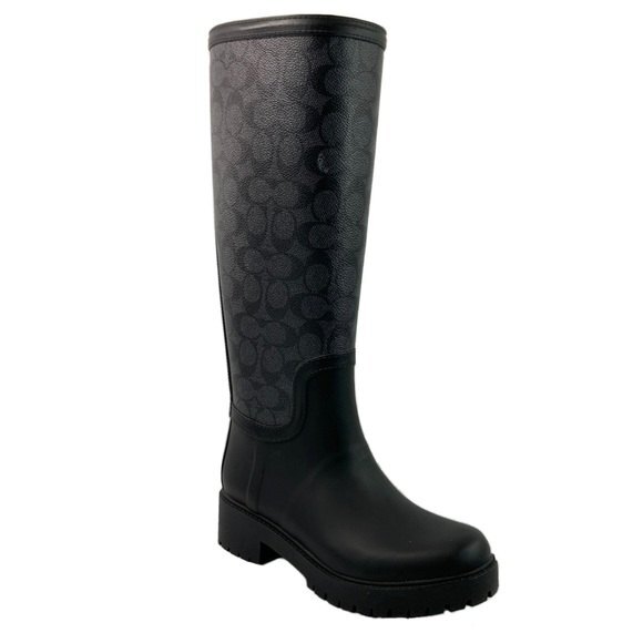 New Coach Monogrammed Tall Pull-on Rain Boots Black Gray 5 - Picture 1 of 11